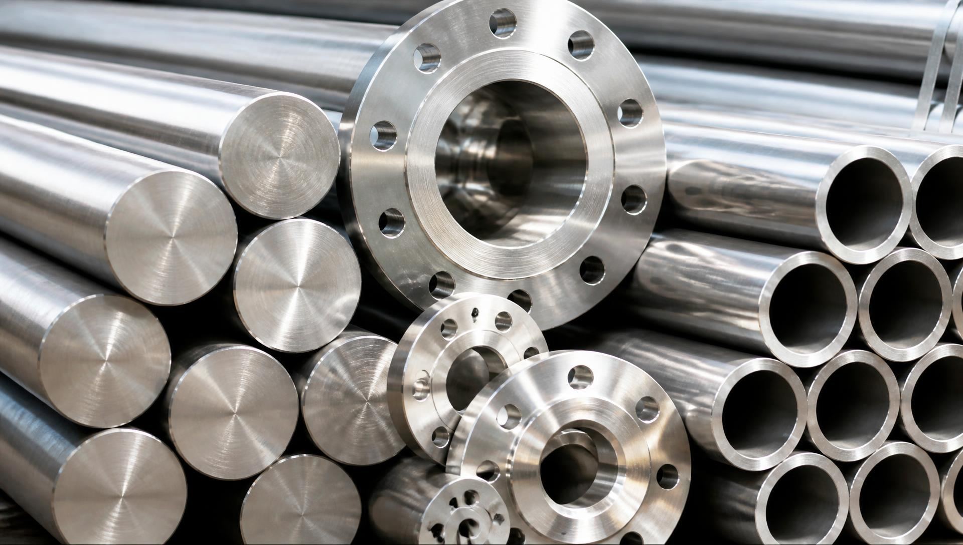 Polished nickel alloy round bars, flanges and pipes ready for export dispatch from Mumbai