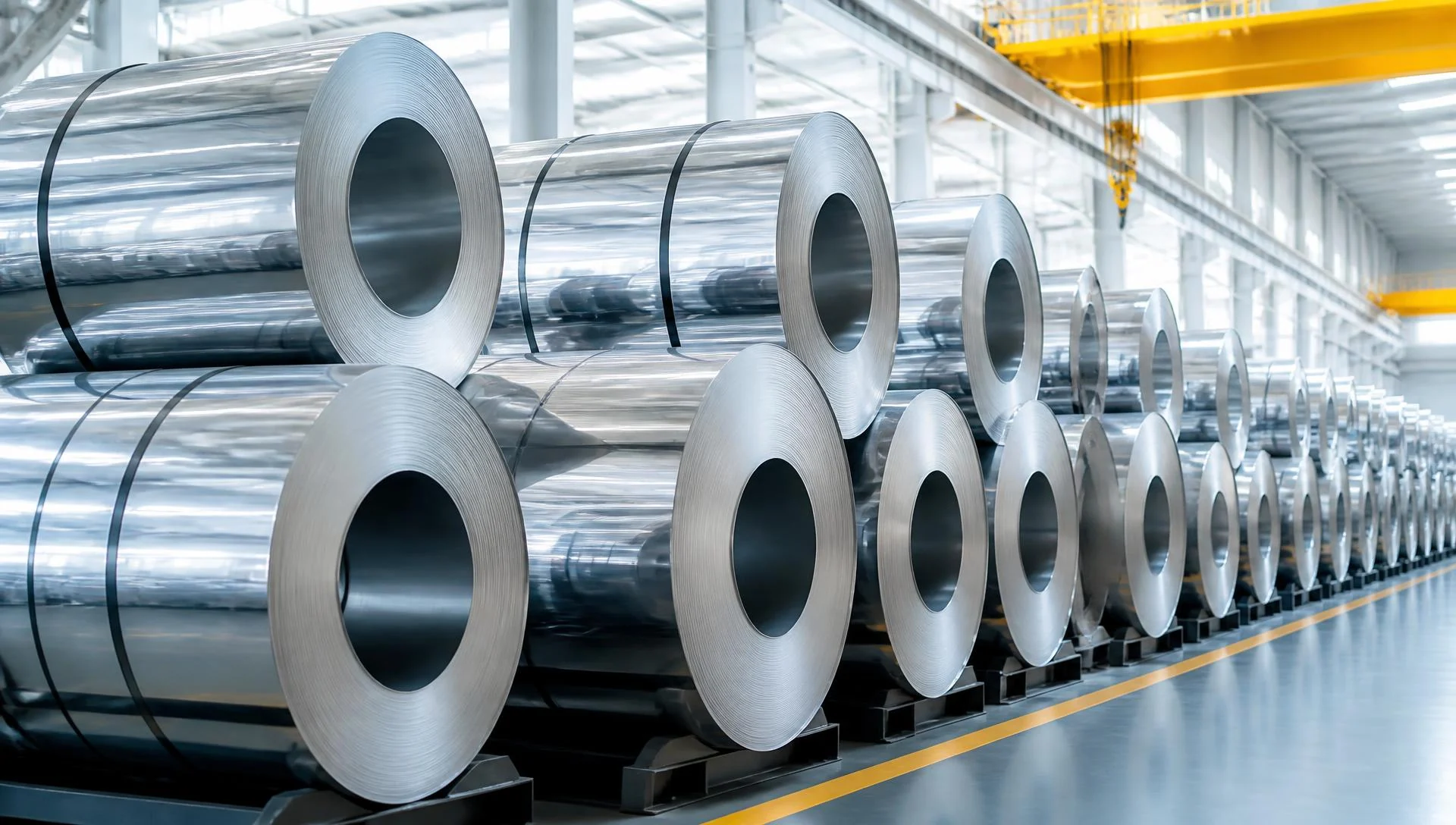 Stainless steel cold-rolled coils stacked in the Steelco warehouse